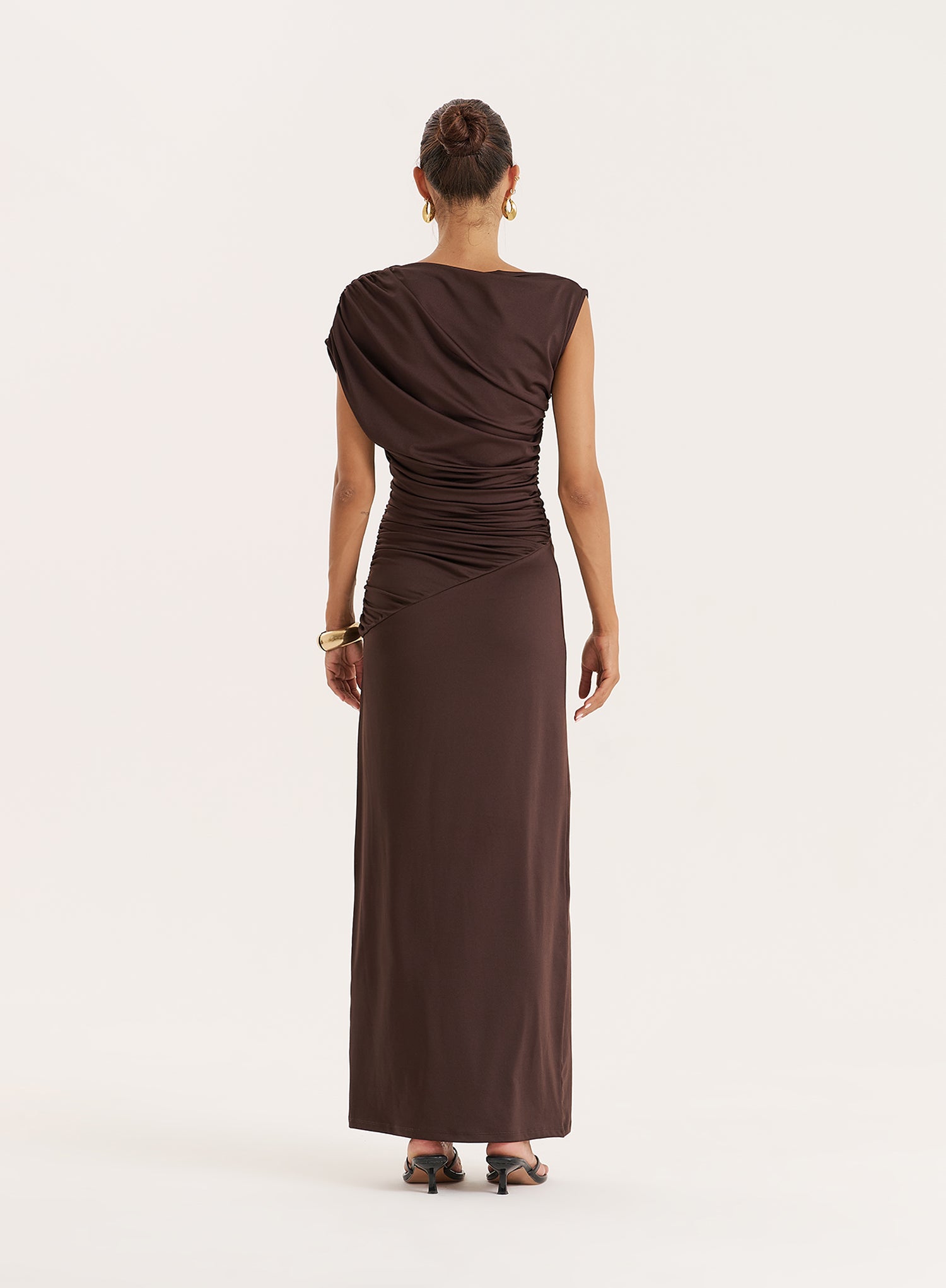 Chocolate Ruched Sleeveless Maxi Dress